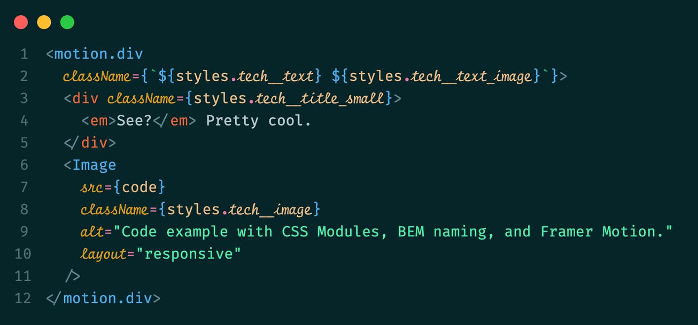 Code example with CSS Modules, BEM naming, and Framer Motion.