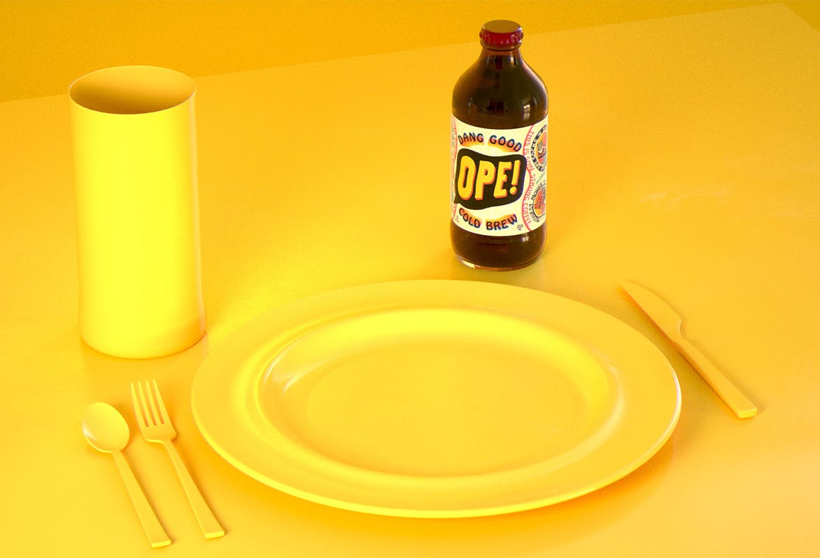 3d render of Ope Cold Brew bottle on yellow table