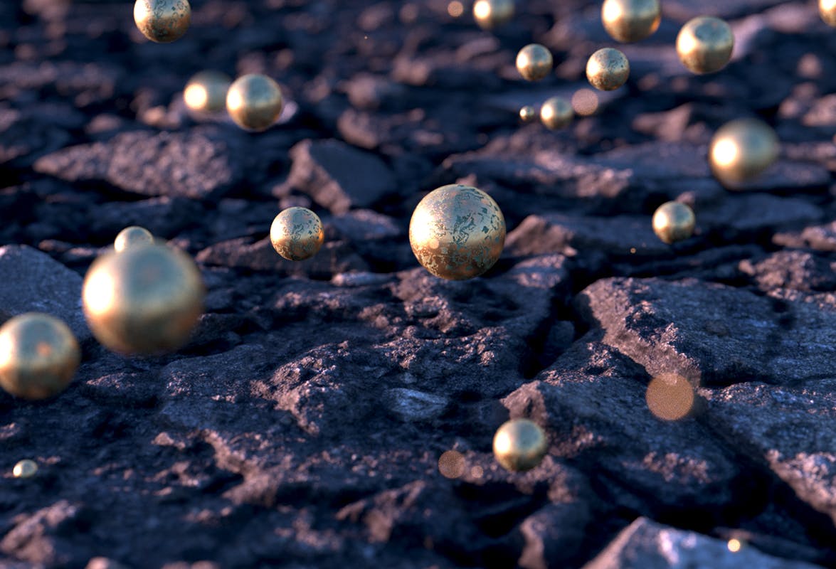 3d render of a brass spheres floating over rocky surphace